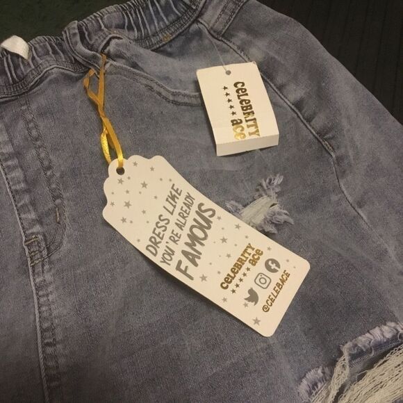 Light Wash Denim Jean Unfinished Raw Hem Drawstring Destroyed Mini Skirt - Picture 7 of 8